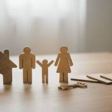 Wooden family figures and a house: bird nesting after divorce